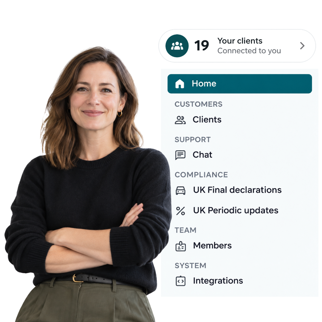 A practice manager with the DuoBooks app menu showing clients, compliance and team sections