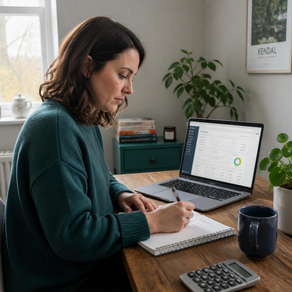 A bookkeeper working at a desk with the DuoBooks practice console open on a laptop